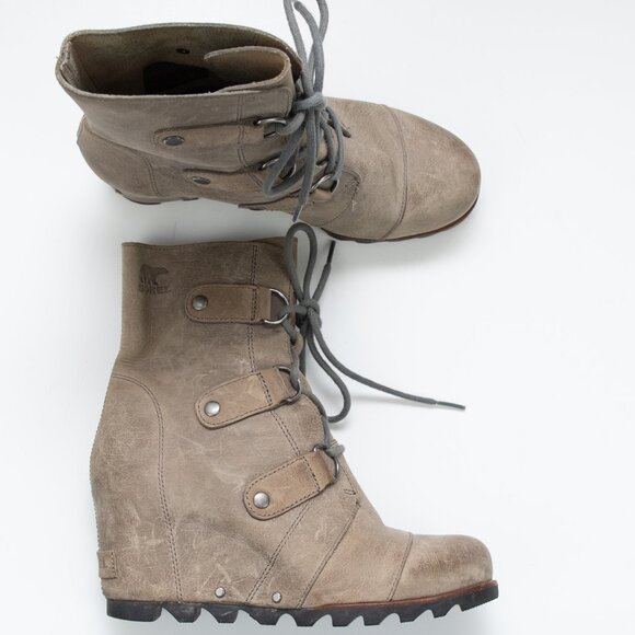 Sorel Joan Of Arctic Wedge Boot Wedge Ankle Leather Dark Fog Brown Size 7.5 - Picture 1 of 8